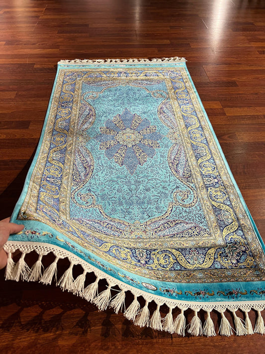 3x5 Turquoise Medallion Bamboo Silk Rug, Blue Turkish Floral Rug, Luxury Accent Carpet