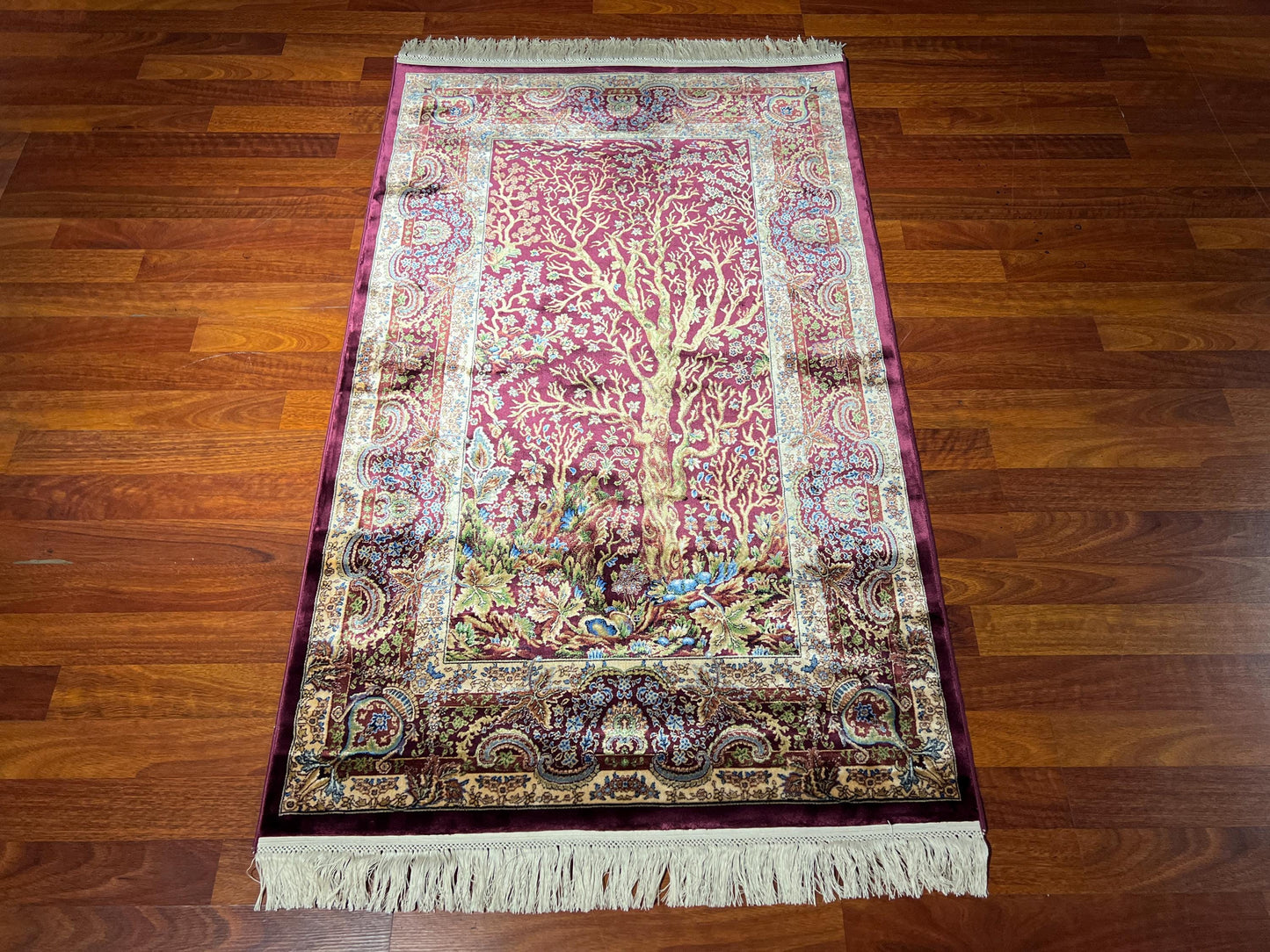 3x5 Burgundy Tree of Life Bamboo Silk Rug, Turkish Botanical Accent Rug