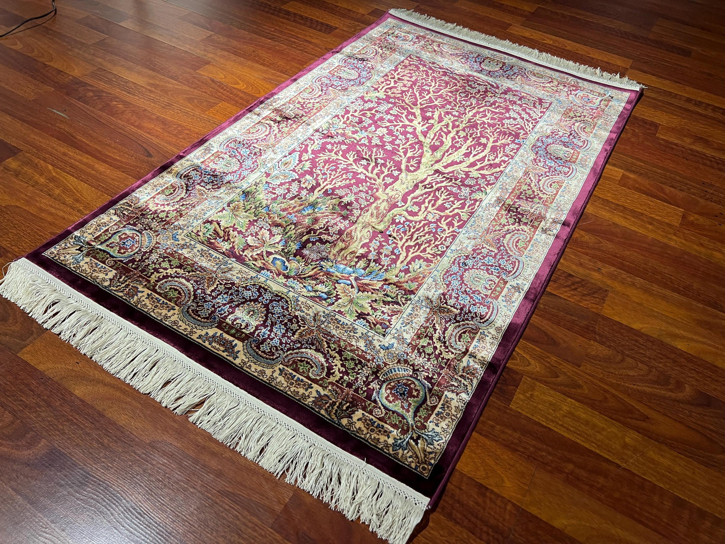 3x5 Burgundy Tree of Life Bamboo Silk Rug, Turkish Botanical Accent Rug