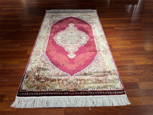Red Gold Medallion Silk Rug, Turkish Bamboo Silk Rug, 3x5 Area Rug