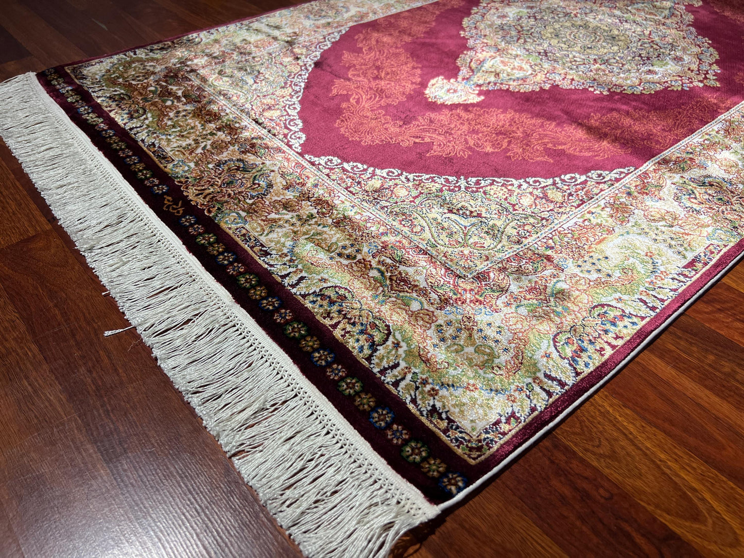 Red Gold Medallion Silk Rug, Turkish Bamboo Silk Rug, 3x5 Area Rug