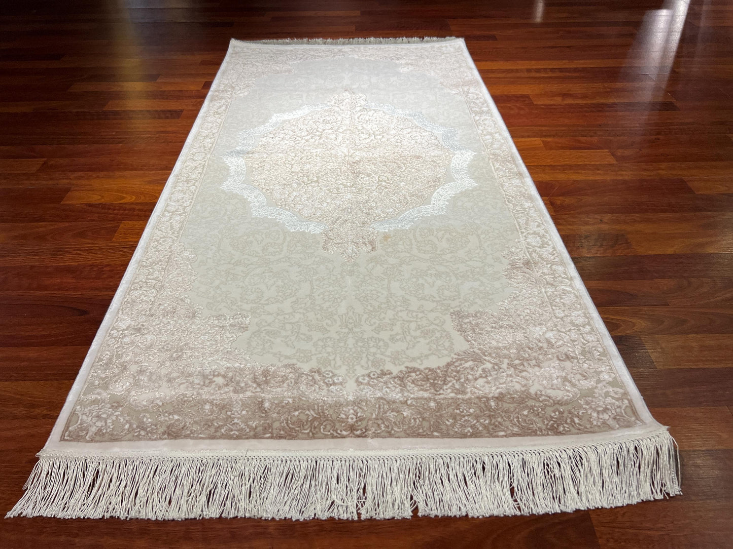 Beige Medallion Bamboo Rug, 3x5 Area Rug, Classic Turkish Decor Rug