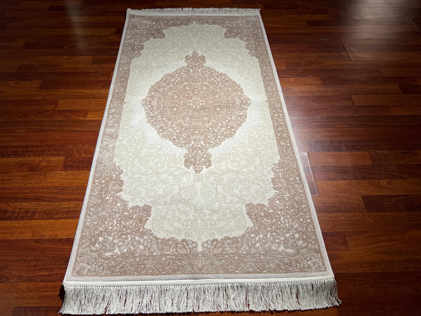 Beige Medallion Bamboo Rug, 3x5 Area Rug, Classic Turkish Decor Rug