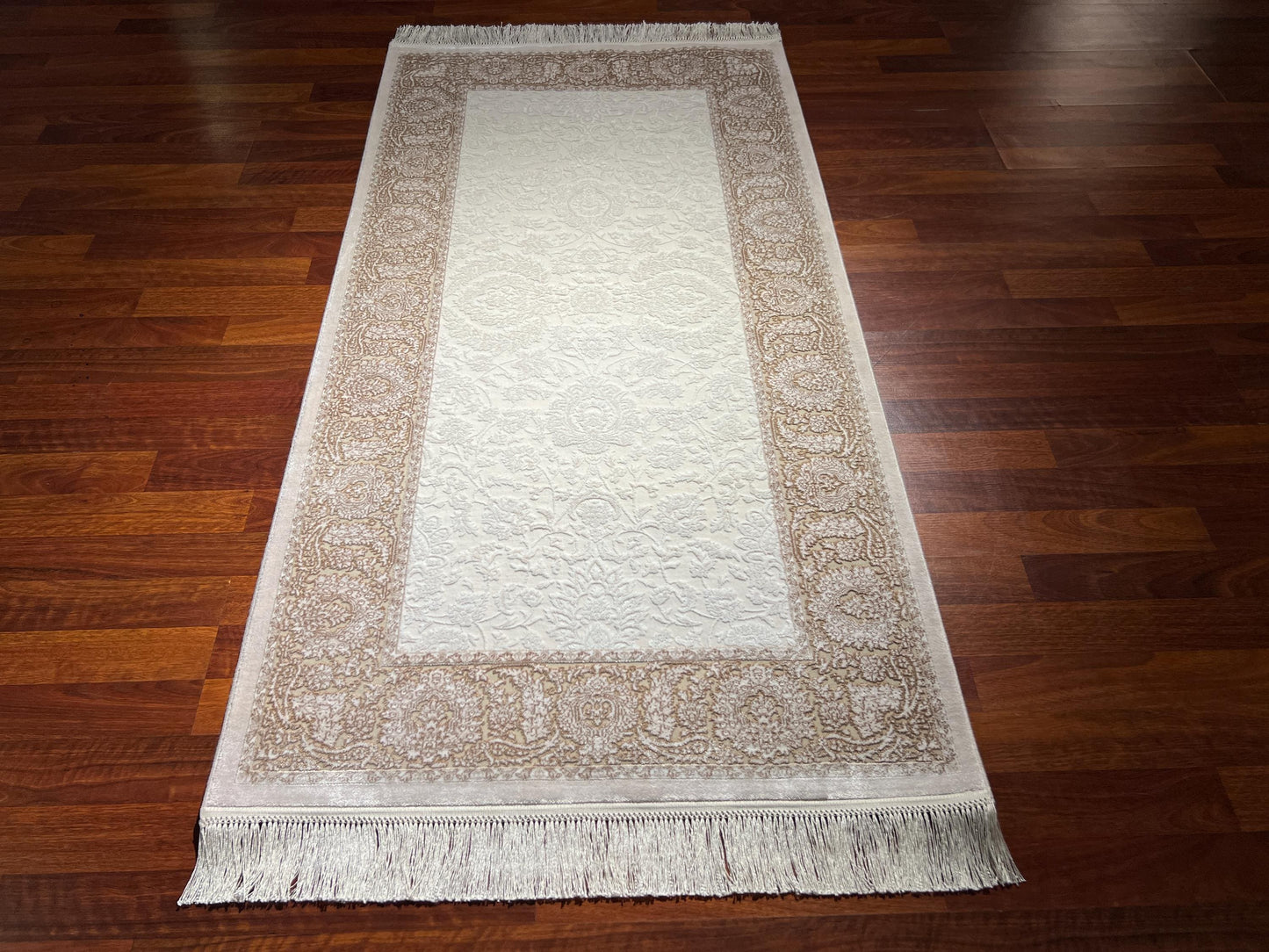 3x5ft Beige Brown Floral Runner Rug, Area Rug, Turkish Bamboo Rug
