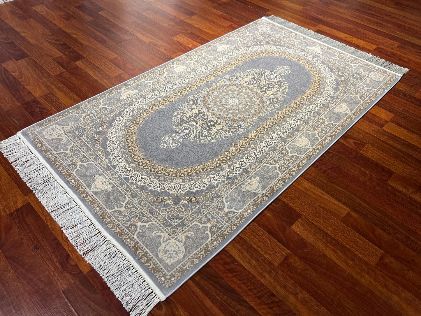 3x5 ft Gold Gray Floral Runner Rug, Area Rug, Turkish Bamboo Silk Rug