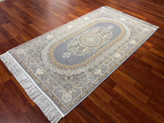 3x5 ft Gold Gray Floral Runner Rug, Area Rug, Turkish Bamboo Silk Rug