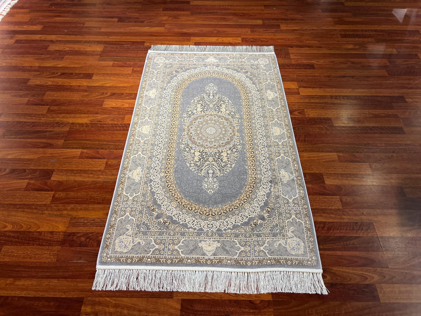 3x5 ft Gold Gray Floral Runner Rug, Area Rug, Turkish Bamboo Silk Rug