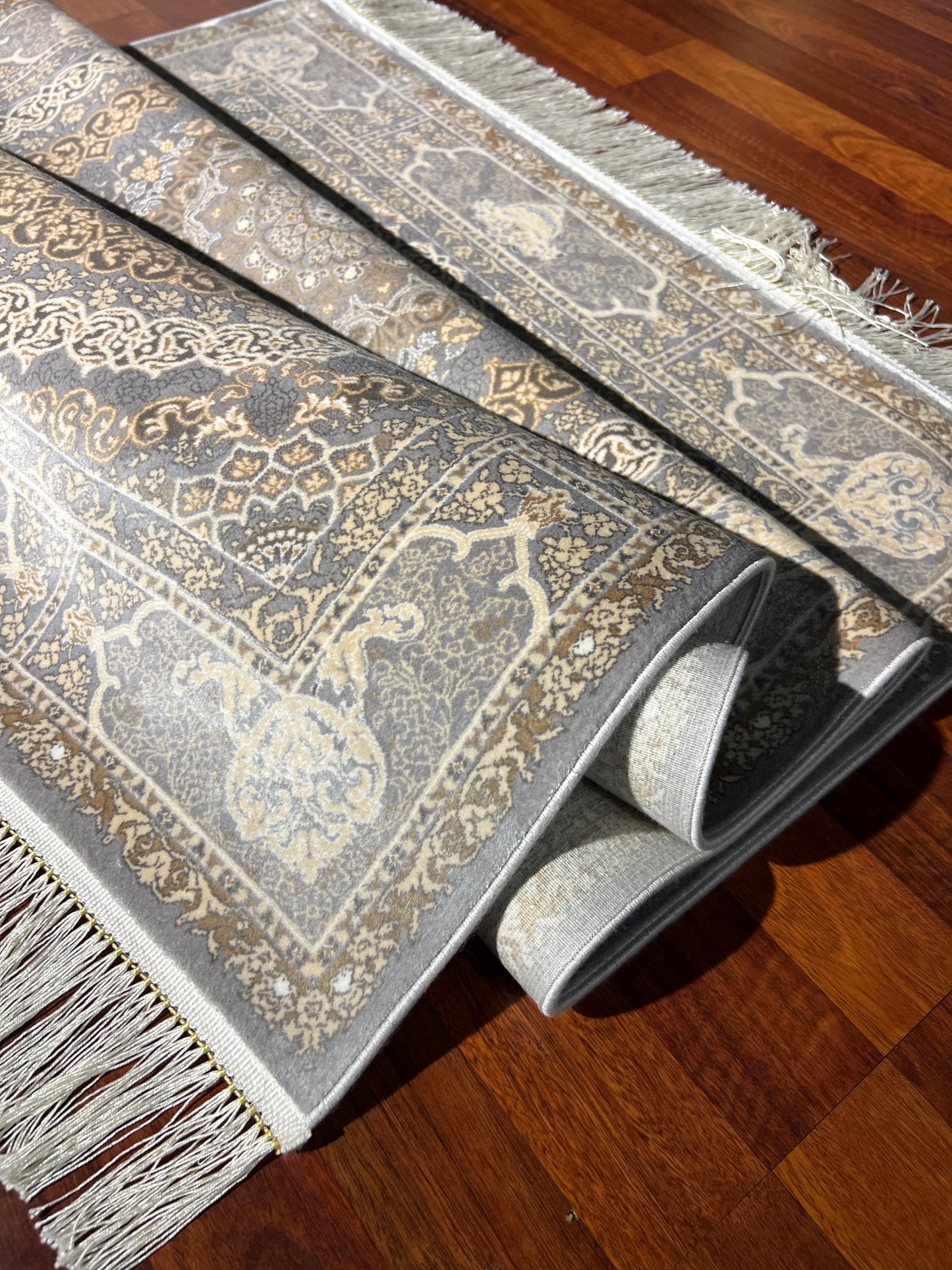 3x5 ft Gold Gray Floral Runner Rug, Area Rug, Turkish Bamboo Silk Rug