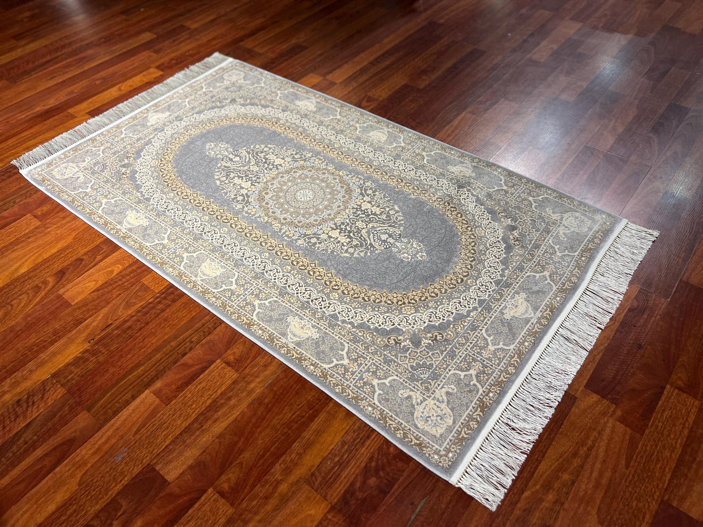 3x5 ft Gold Gray Floral Runner Rug, Area Rug, Turkish Bamboo Silk Rug