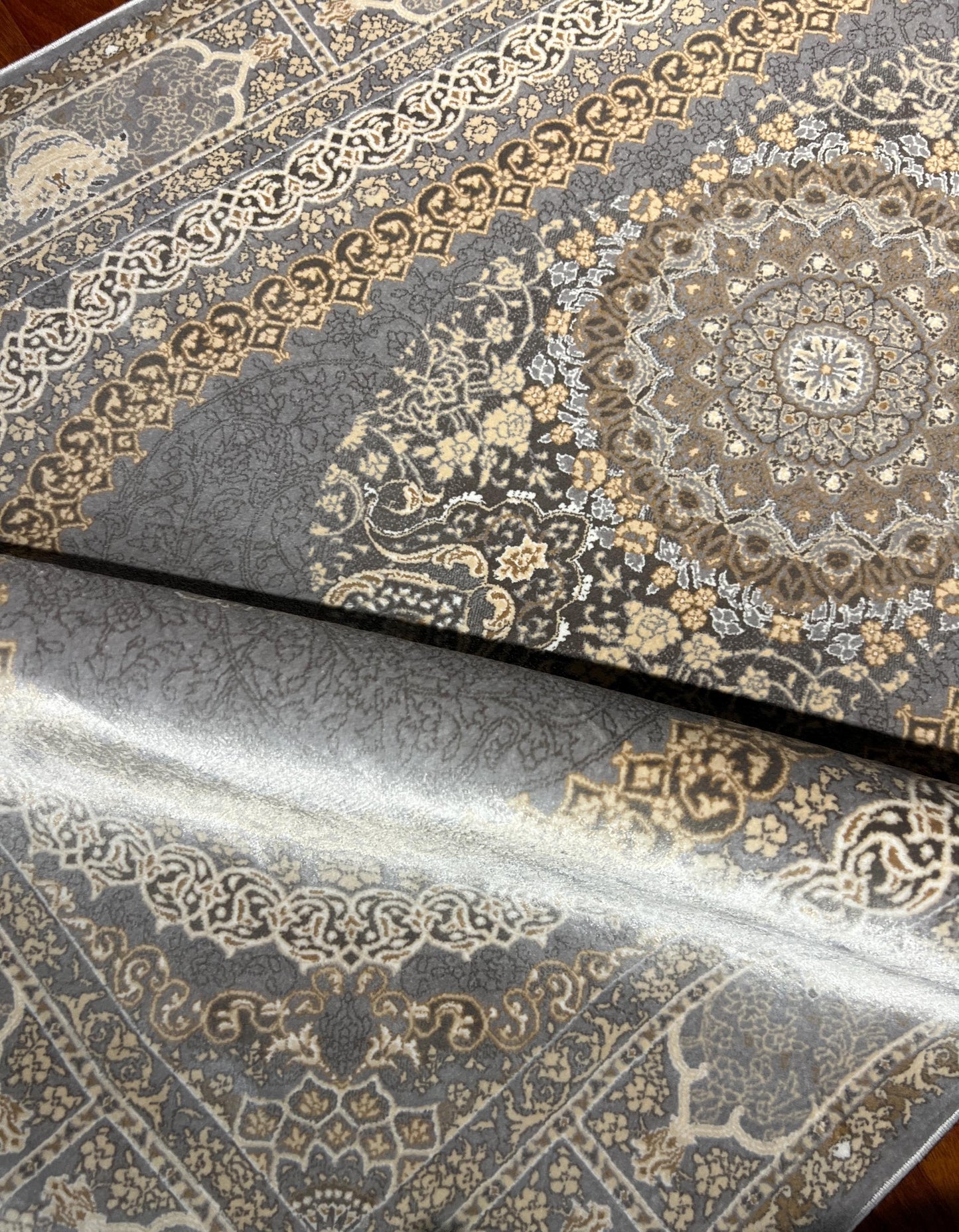 3x5 ft Gold Gray Floral Runner Rug, Area Rug, Turkish Bamboo Silk Rug