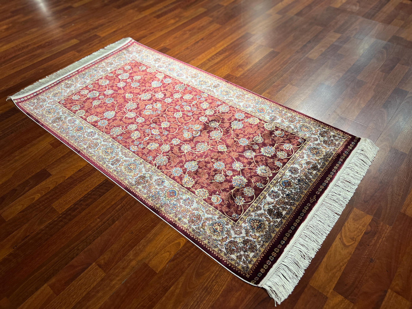 Red Floral Silk Rug, 3x5 Area Rug, Turkish Bamboo Silk Runner Rug