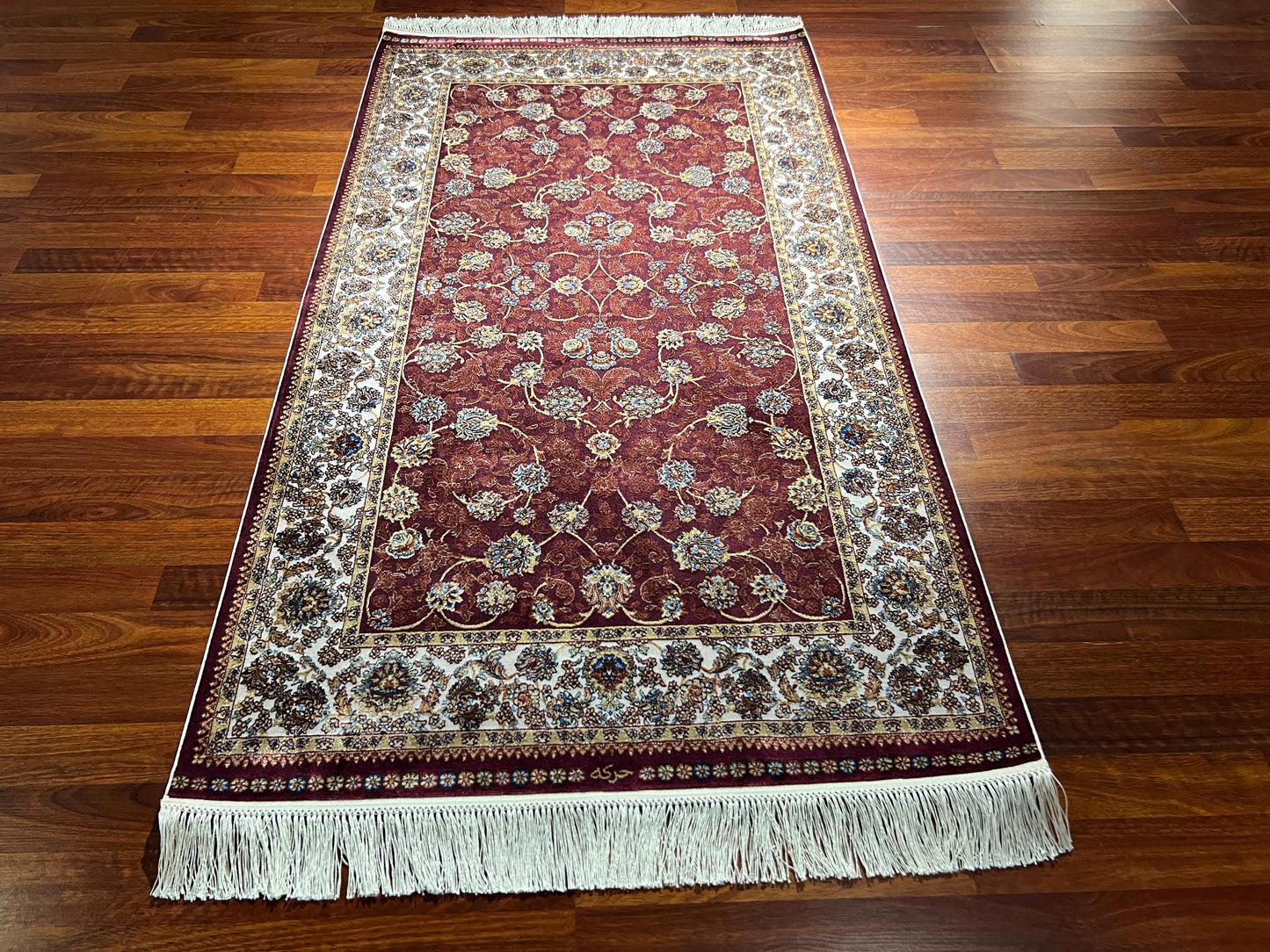 Red Floral Silk Rug, 3x5 Area Rug, Turkish Bamboo Silk Runner Rug
