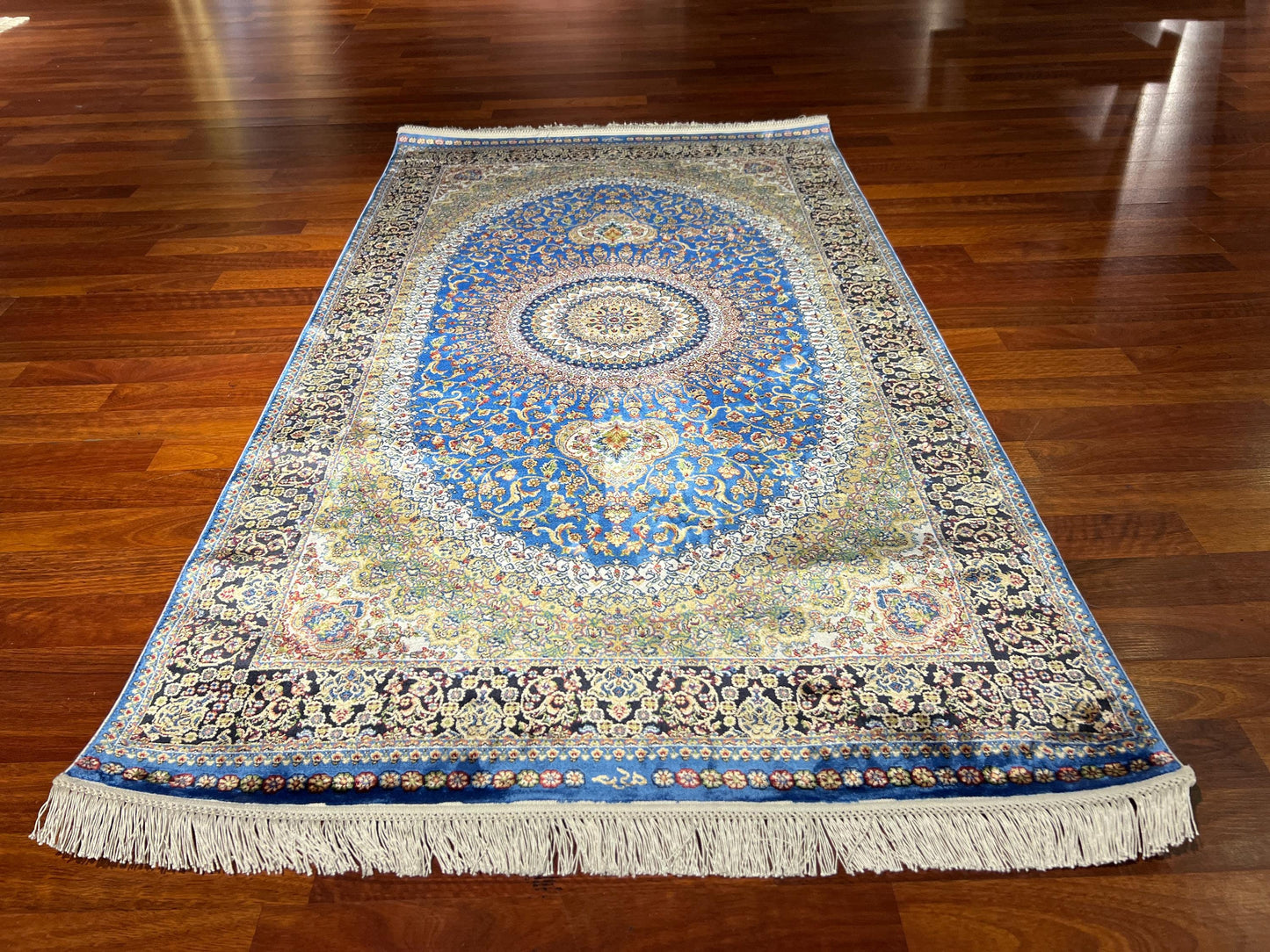 Blue Gold Medallion Silk Rug, 3x5 Area Rug, Turkish Bamboo Silk Runner