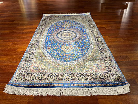 Blue Gold Medallion Silk Rug, 3x5 Area Rug, Turkish Bamboo Silk Runner