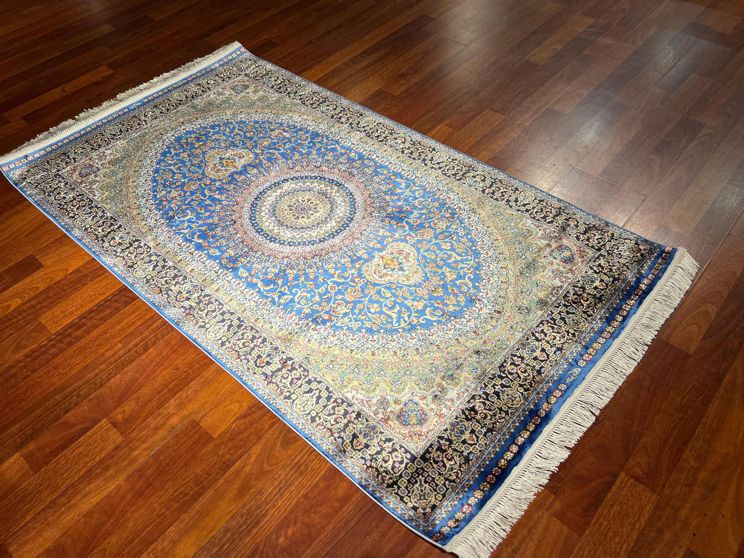 Blue Gold Medallion Silk Rug, 3x5 Area Rug, Turkish Bamboo Silk Runner