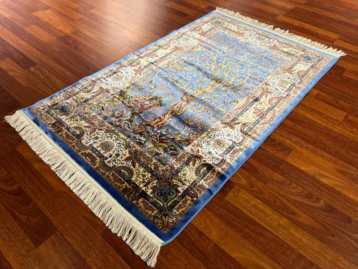 3x5ft Blue Tree of Life Silk Rug, 3x5 Area Rug, Turkish Bamboo Silk Rug