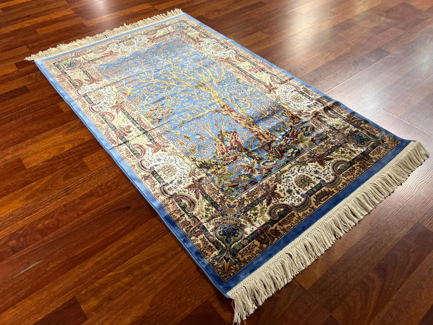 3x5ft Blue Tree of Life Silk Rug, 3x5 Area Rug, Turkish Bamboo Silk Rug