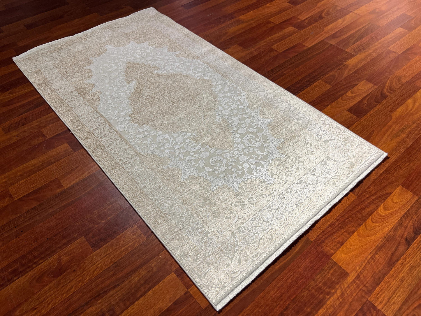 Beige Gold Medallion Runner Rug, 3x5 Area Rug, Luxury Silk Runner Rug
