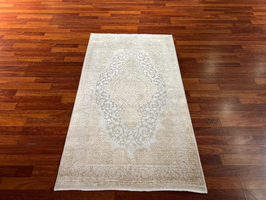 Beige Gold Medallion Runner Rug, 3x5 Area Rug, Luxury Silk Runner Rug