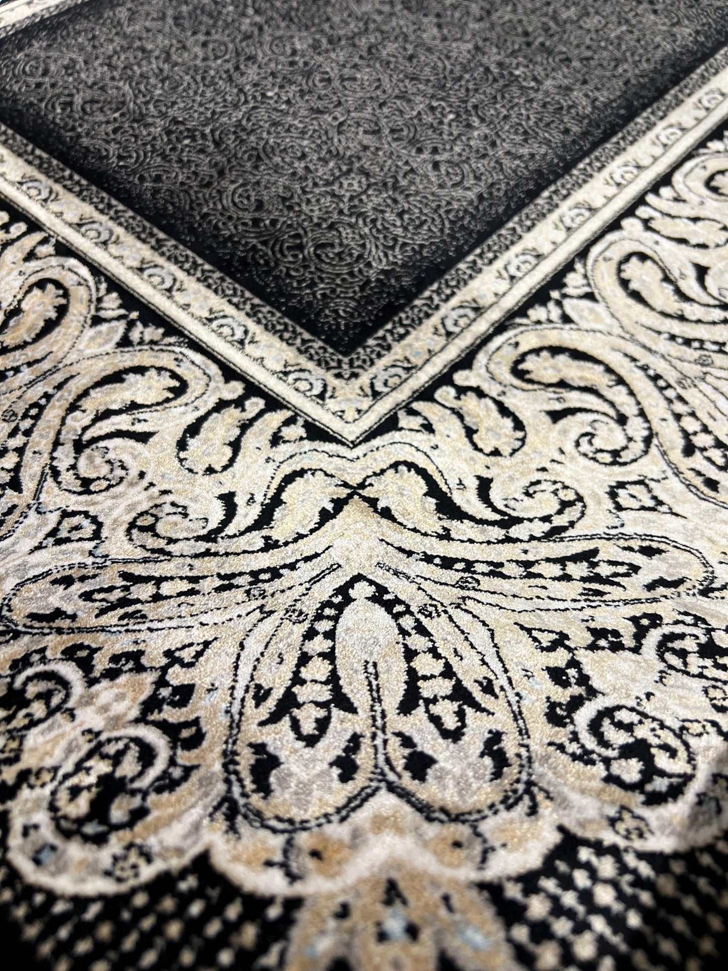 Black Ivory Baroque Runner Rug, 3x5 Area Rug, Turkish Bamboo Silk Rug