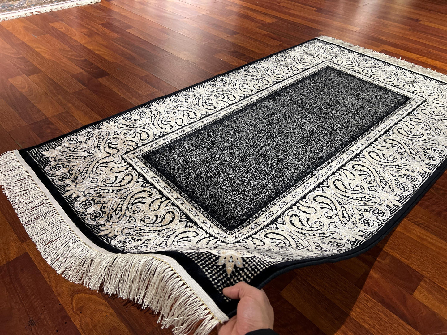 Black Ivory Baroque Runner Rug, 3x5 Area Rug, Turkish Bamboo Silk Rug