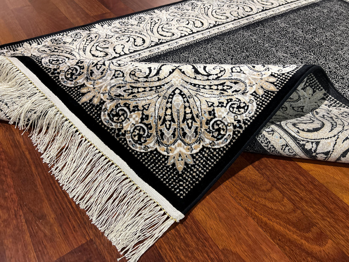Black Ivory Baroque Runner Rug, 3x5 Area Rug, Turkish Bamboo Silk Rug