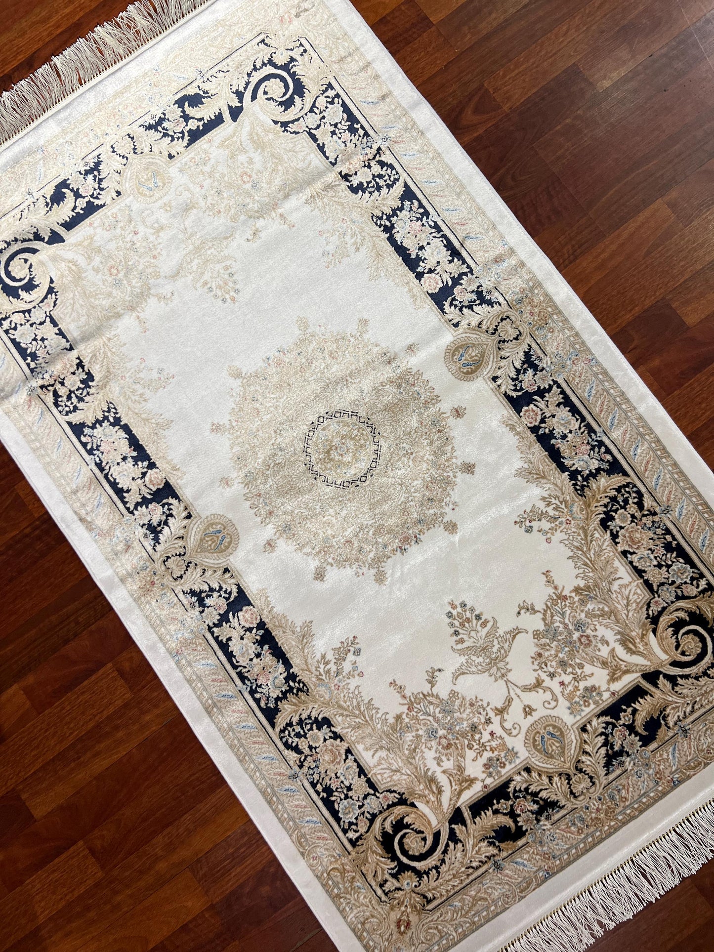 Gold Navy Baroque Runner Rug, 3x5 Area Rug, Turkish Bamboo Silk Rug