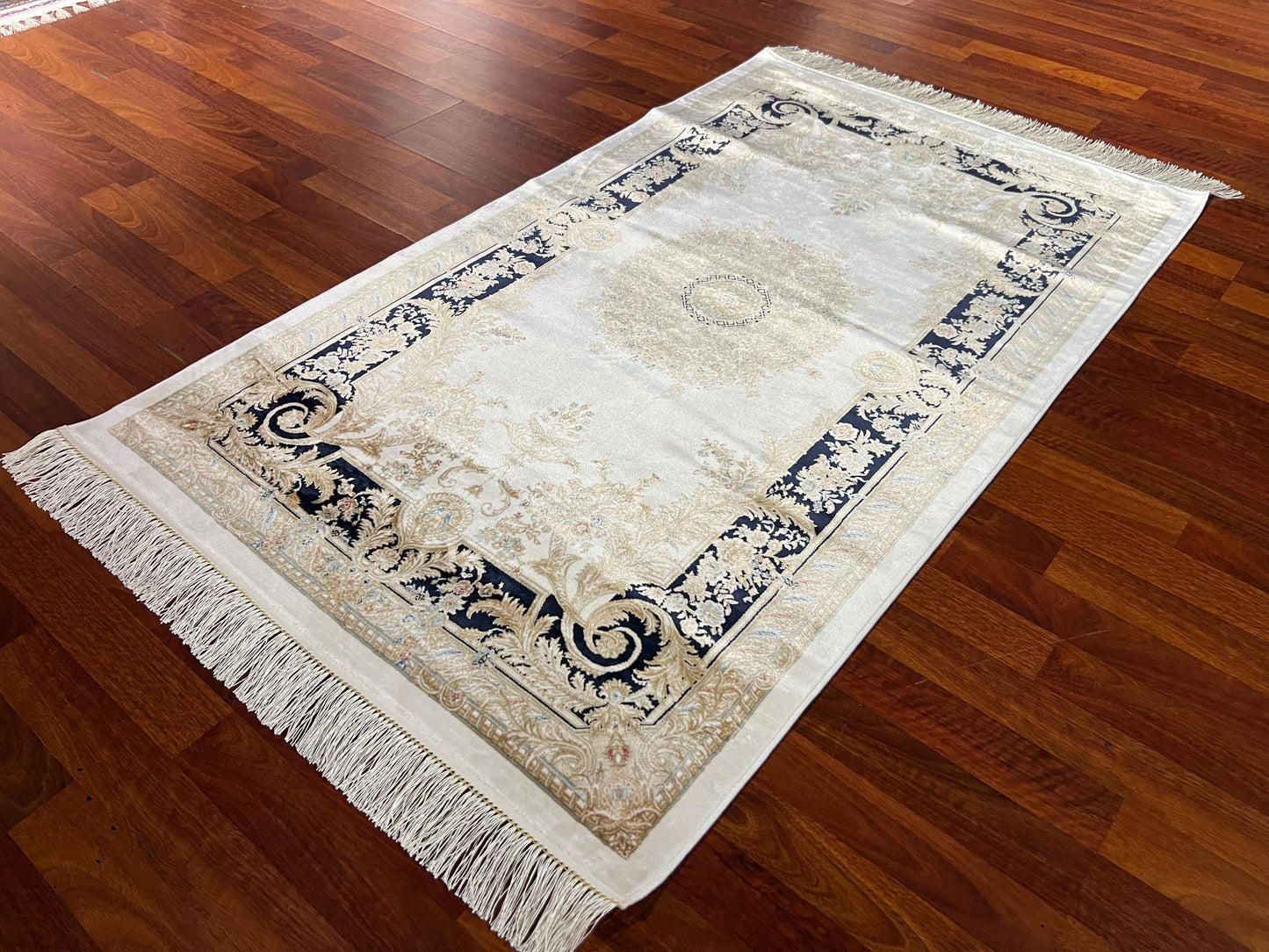 Gold Navy Baroque Runner Rug, 3x5 Area Rug, Turkish Bamboo Silk Rug