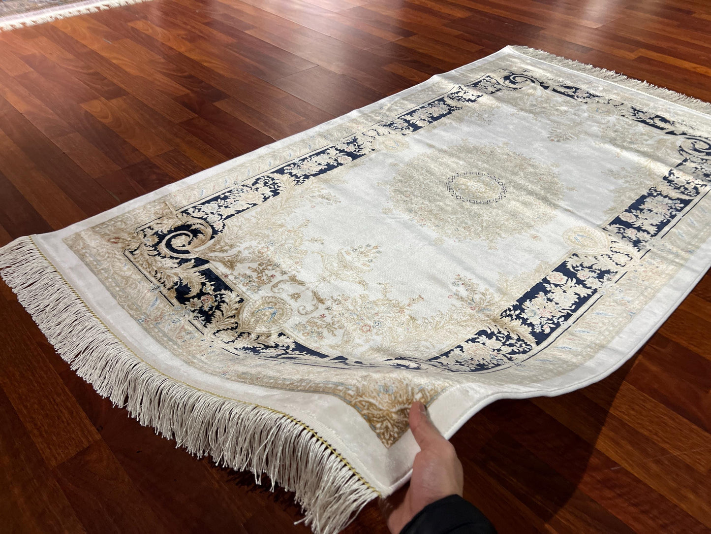 Gold Navy Baroque Runner Rug, 3x5 Area Rug, Turkish Bamboo Silk Rug