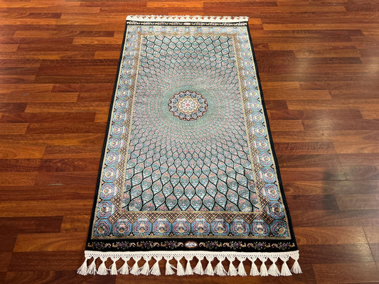 Blue Classic Medallion Silk Rug, 3x5 Area Rug, Turkish Bamboo Silk Rug