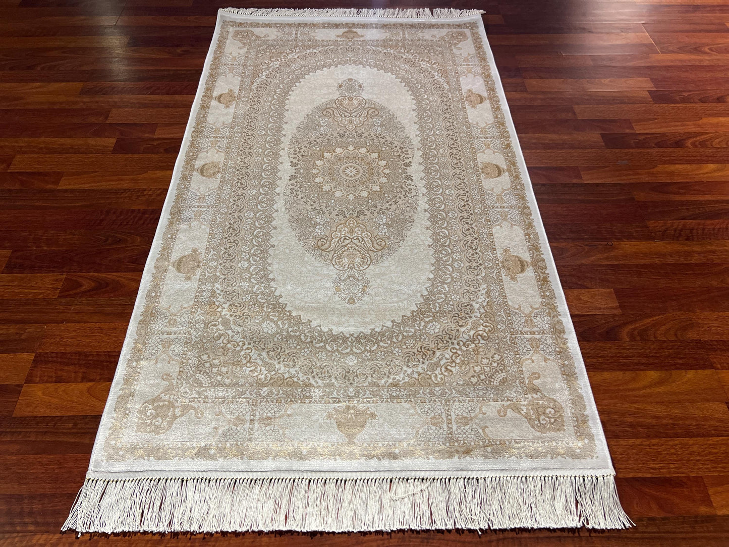 Beige Gold Medallion Silk Rug, 3x5 Area Rug, Turkish Bamboo Silk Rug