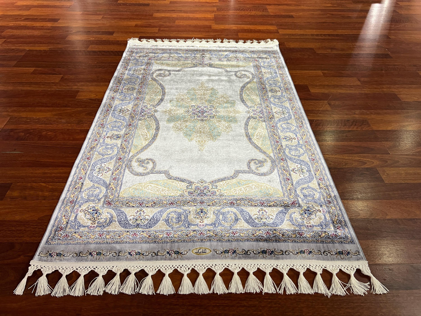 Blue Ivory Floral Silk Rug, 3x5 Area Rug, Turkish Bamboo Silk Rug