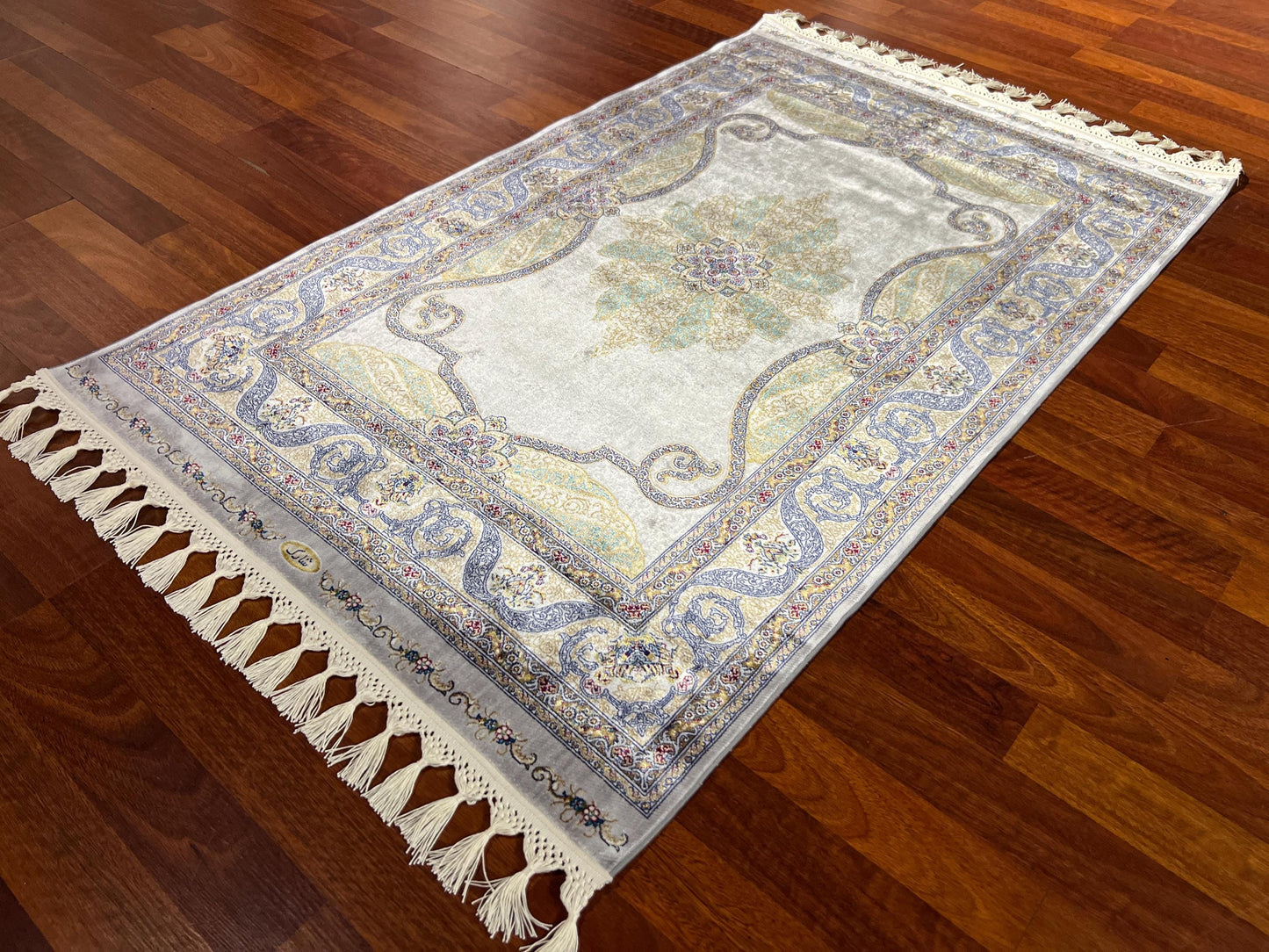 Blue Ivory Floral Silk Rug, 3x5 Area Rug, Turkish Bamboo Silk Rug
