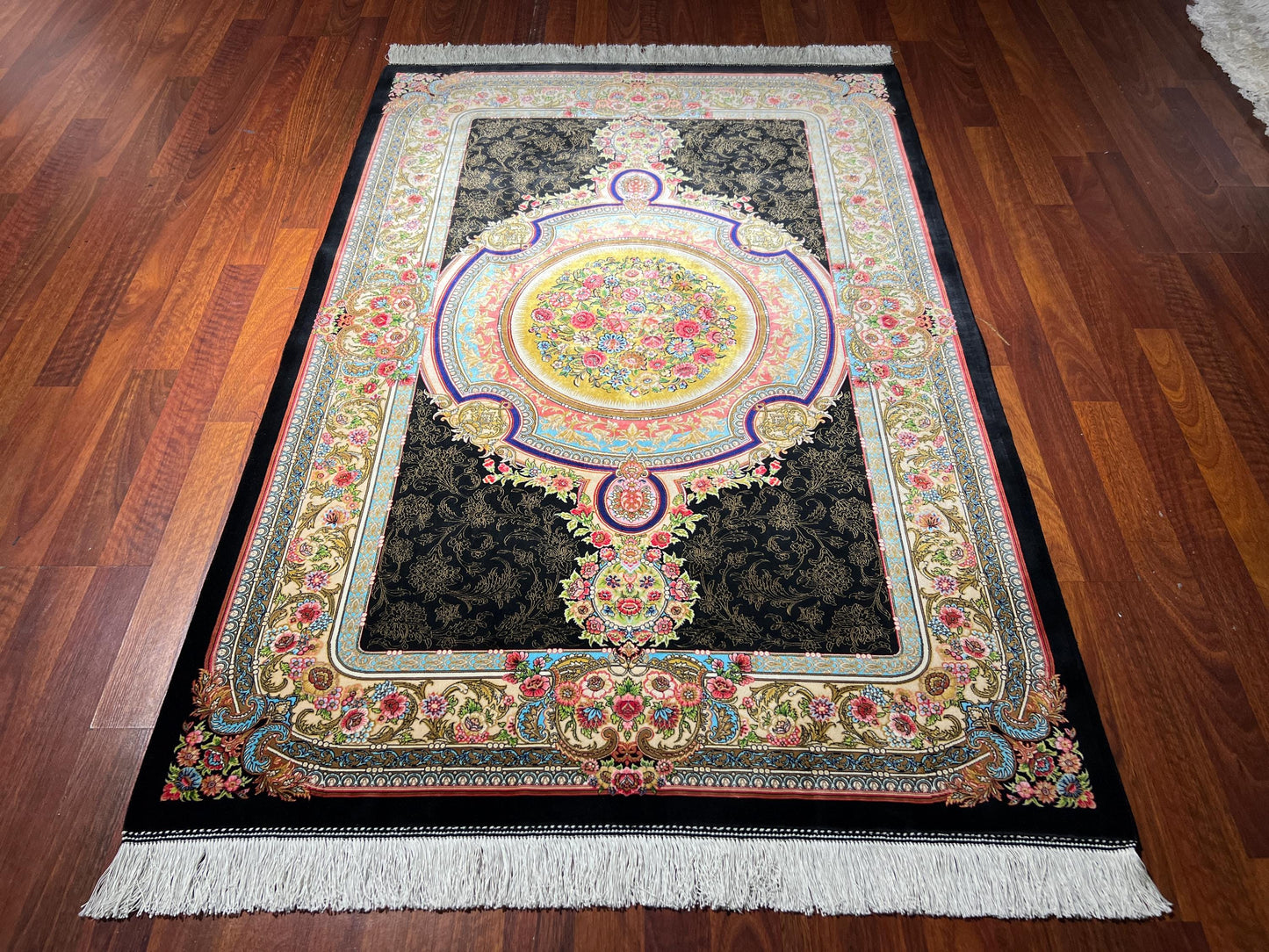 Black Gold Floral Medallion Silk Rug, 3x5 Area Rug, Turkish Modal Silk Rug
