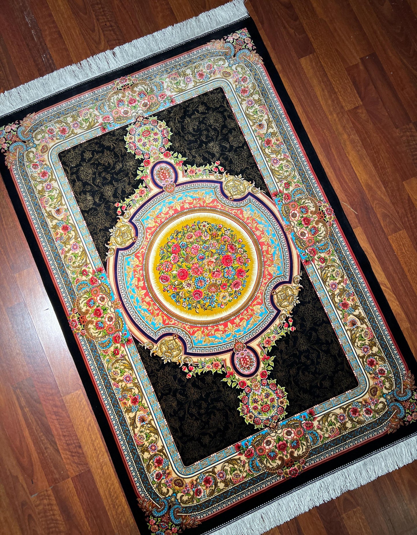 Black Gold Floral Medallion Silk Rug, 3x5 Area Rug, Turkish Modal Silk Rug