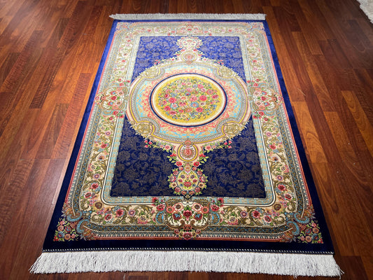 Blue Floral Medallion Silk Rug, 3x5 Area Rug, Turkish Modal Silk Rug