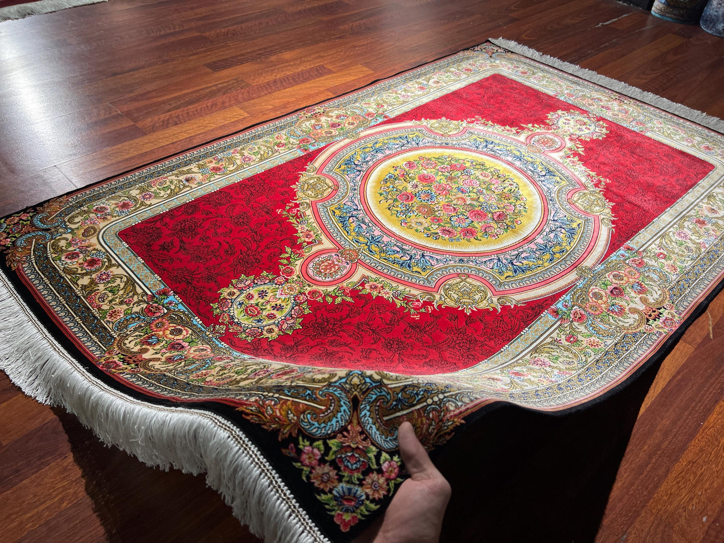Red Floral Medallion Silk Rug, 3x5 Area Rug, Turkish Modal Silk Rug