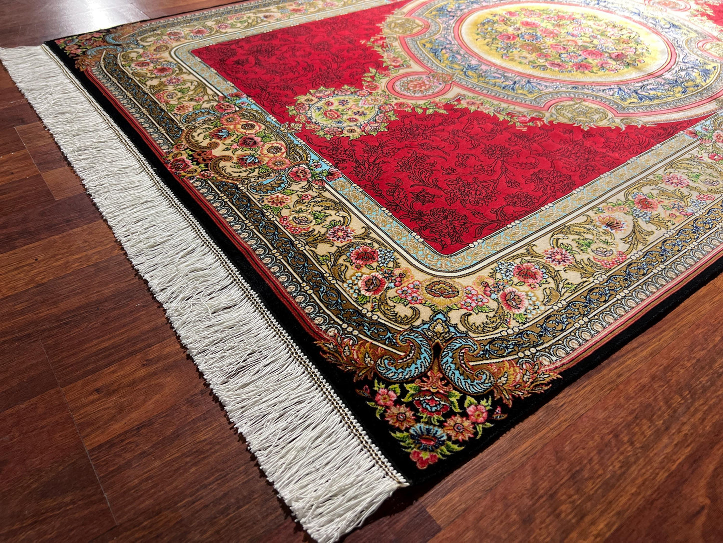 Red Floral Medallion Silk Rug, 3x5 Area Rug, Turkish Modal Silk Rug