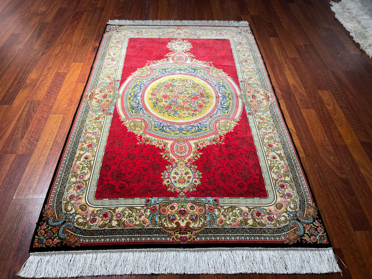 Red Floral Medallion Silk Rug, 3x5 Area Rug, Turkish Modal Silk Rug