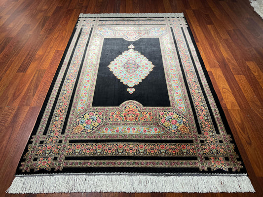 Black Floral Medallion Silk Rug, 3x5 Area Rug, Turkish Modal Silk Rug