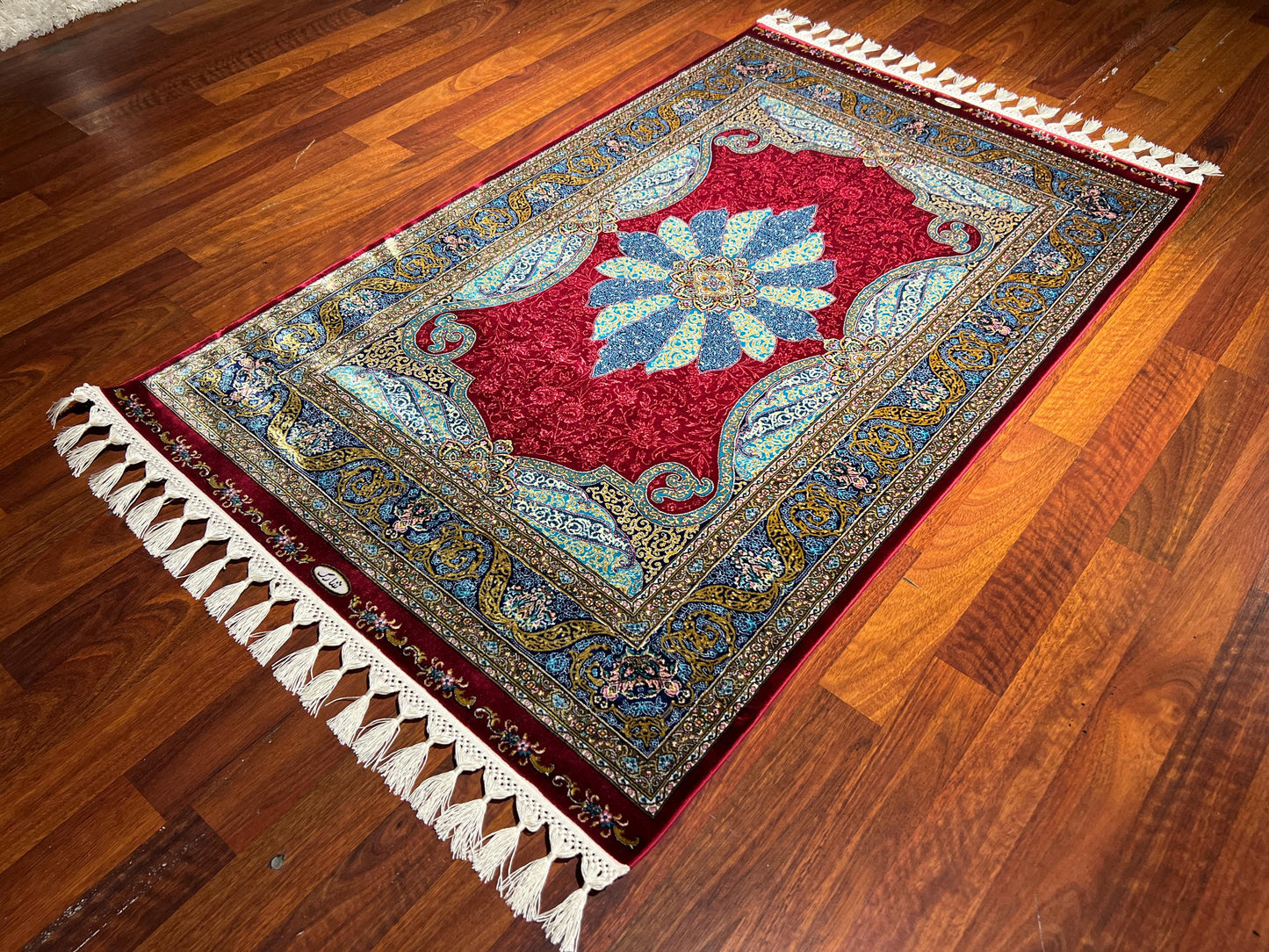 Red Blue Floral Star Medallion Silk Rug, 3x5 Area Rug, Turkish Bamboo Silk Rug