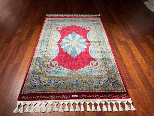 Red Blue Floral Star Medallion Silk Rug, 3x5 Area Rug, Turkish Bamboo Silk Rug