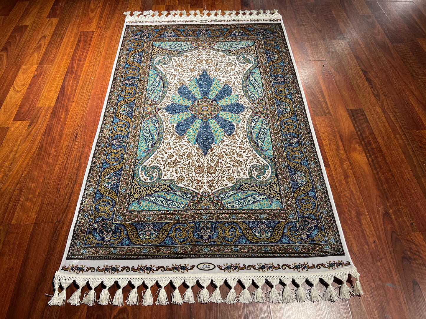Blue Ivory Star Medallion Silk Rug, 3x5 Area Rug, Turkish Bamboo Silk Rug