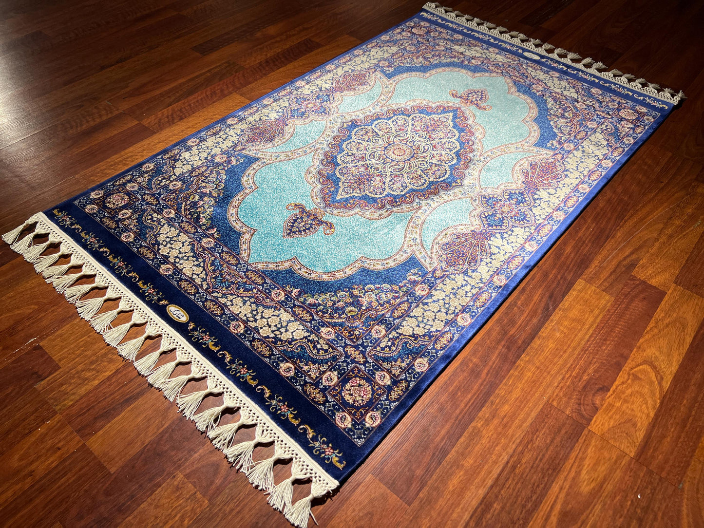 Blue Floral Medallion Silk Rug, 3x5 Area Rug, Turkish Bamboo Silk Rug