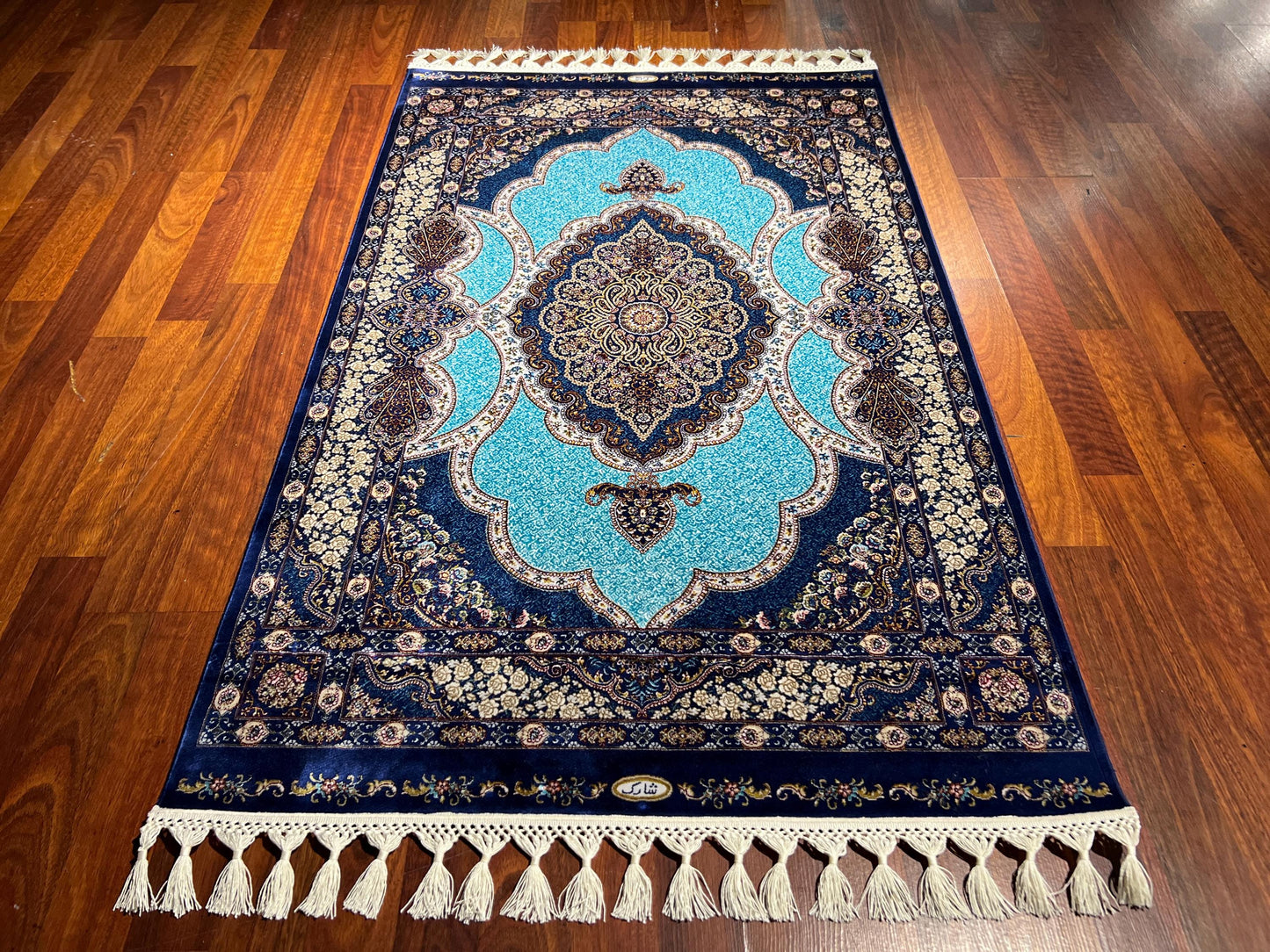 Blue Floral Medallion Silk Rug, 3x5 Area Rug, Turkish Bamboo Silk Rug