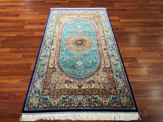 Blue Silk Medallion Hallway Rug, 3x5 RunnerRug, Turquoise Modal Silk Rug, Turkish Rug