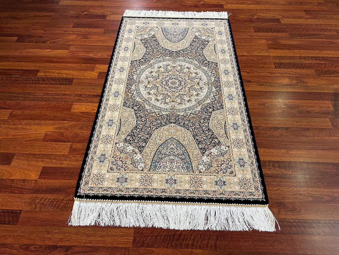 Beige Medallion Runner Silk Rug, 3x5 Area Rug, Modal Silk Rug, Traditional Turkish Rug
