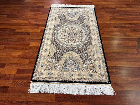 Beige Medallion Runner Silk Rug, 3x5 Area Rug, Modal Silk Rug, Traditional Turkish Rug