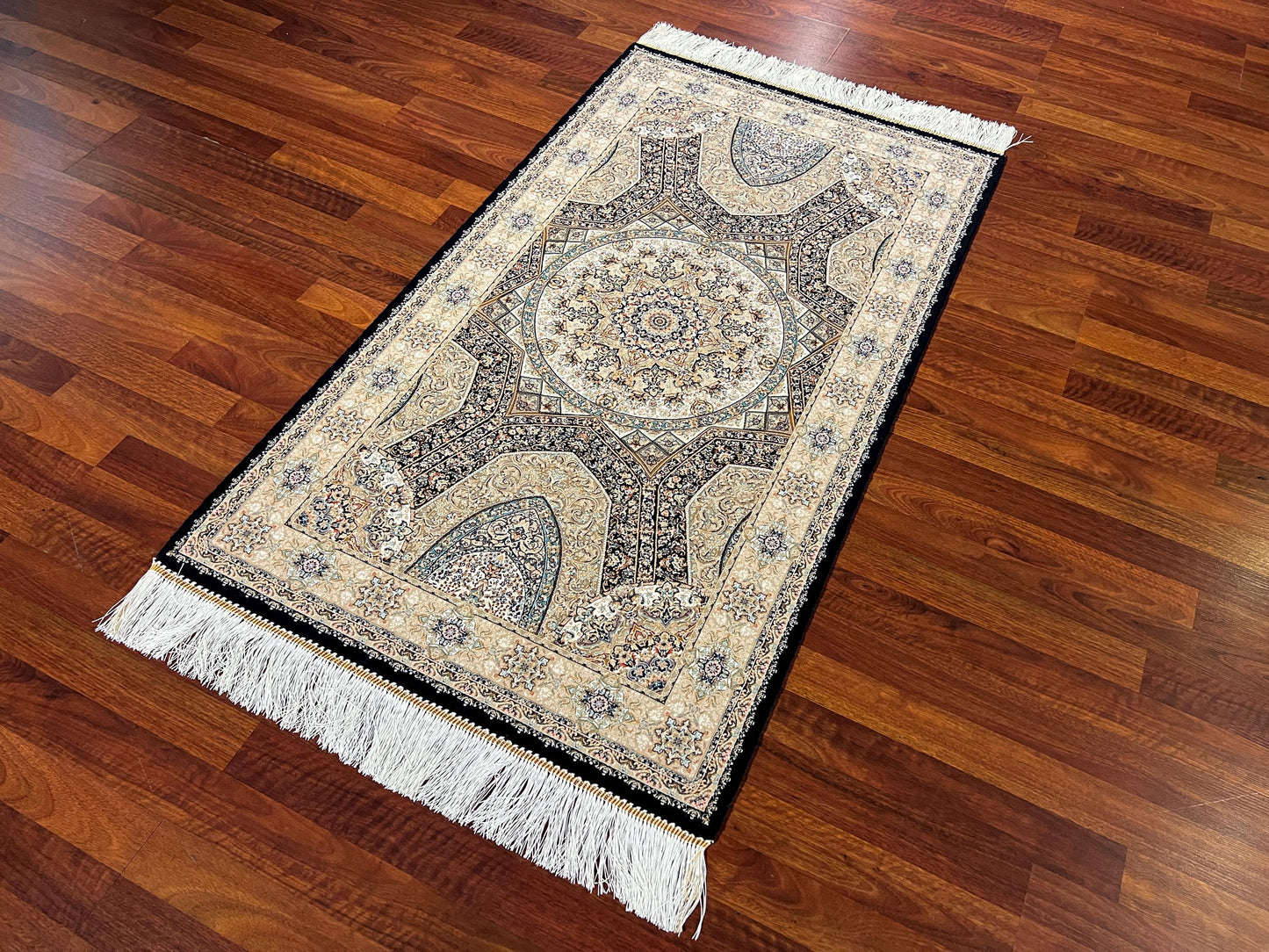 Beige Medallion Runner Silk Rug, 3x5 Area Rug, Modal Silk Rug, Traditional Turkish Rug