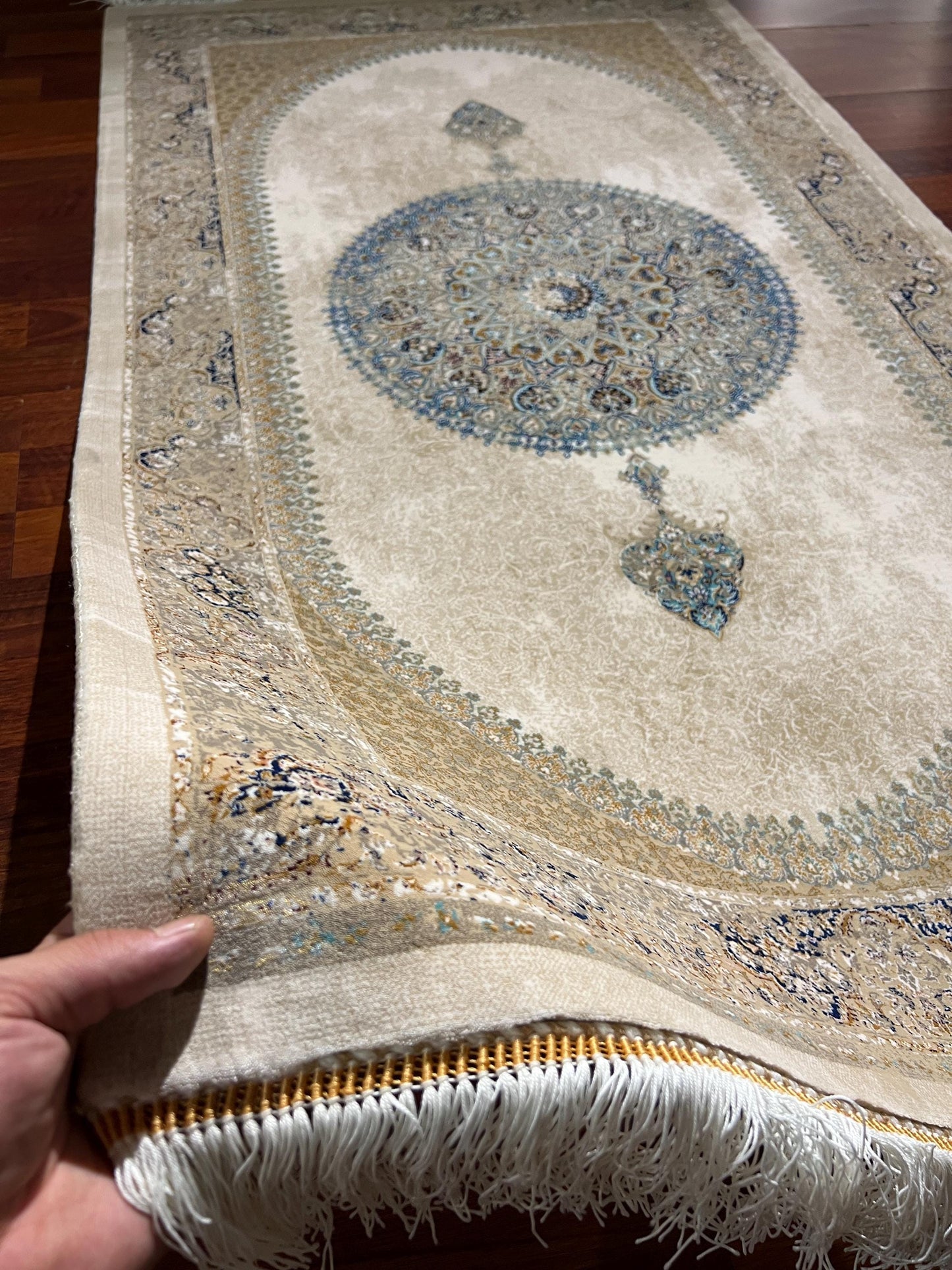 Beige Medallion Hallway Silk Rug, 3x5 Area Rug, Modal Silk Rug, Luxury Turkish Rug
